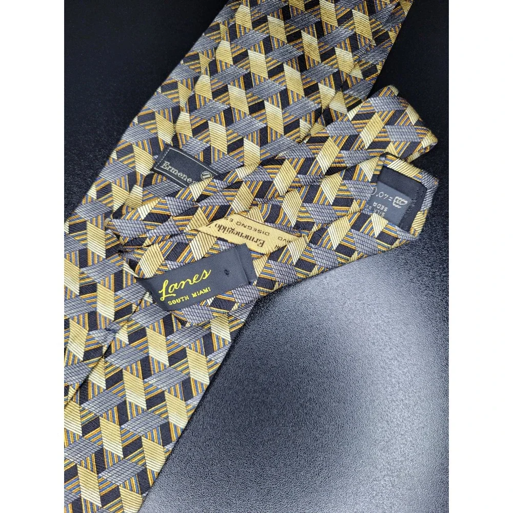 Ermenegildo Zegna Men's Necktie Gold Grey Geometric Silk 3.75x58 Excellent